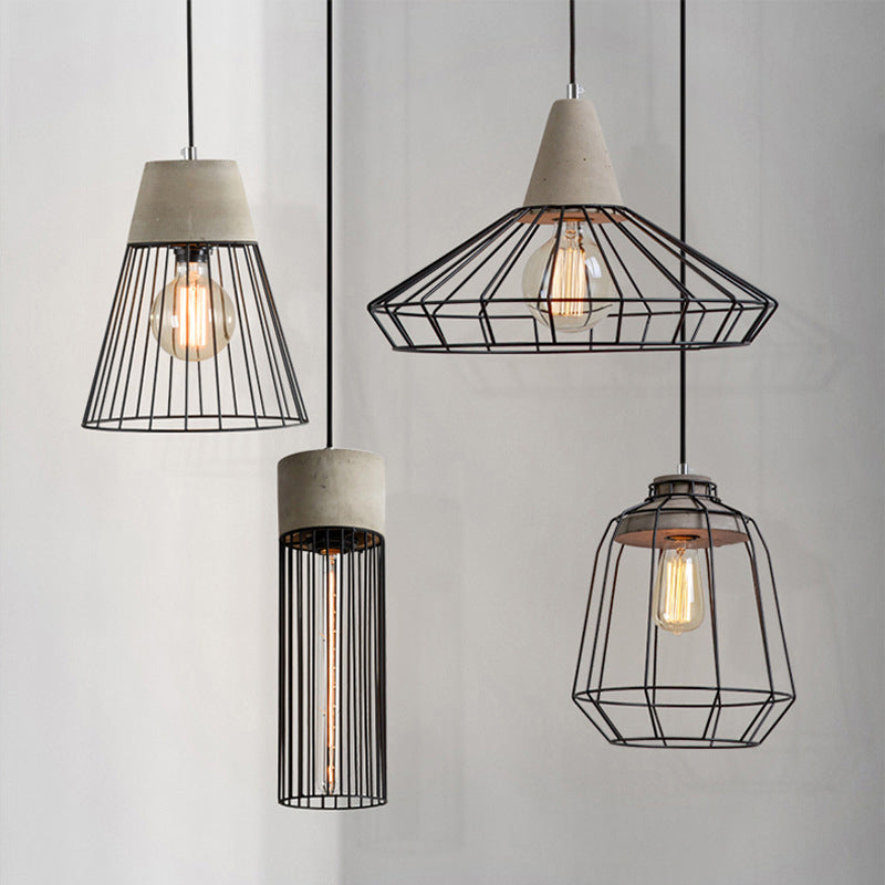 1-Light Pendant Light Fixture Industrial Cone/Cylinder/Triangle Iron Hanging Lamp in Black with Cement Socket Clearhalo 'Art Deco Pendants' 'Black' 'Cast Iron' 'Ceiling Lights' 'Ceramic' 'Crystal' 'Industrial Pendants' 'Industrial' 'Metal' 'Middle Century Pendants' 'Pendant Lights' 'Pendants' 'Rustic Pendants' 'Tiffany' Lighting' 1981999