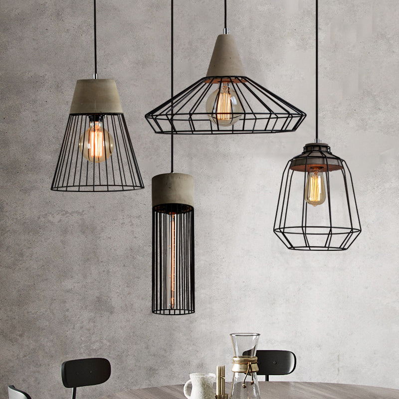 1-Light Pendant Light Fixture Industrial Cone/Cylinder/Triangle Iron Hanging Lamp in Black with Cement Socket Black Birdcage Clearhalo 'Art Deco Pendants' 'Black' 'Cast Iron' 'Ceiling Lights' 'Ceramic' 'Crystal' 'Industrial Pendants' 'Industrial' 'Metal' 'Middle Century Pendants' 'Pendant Lights' 'Pendants' 'Rustic Pendants' 'Tiffany' Lighting' 1982003