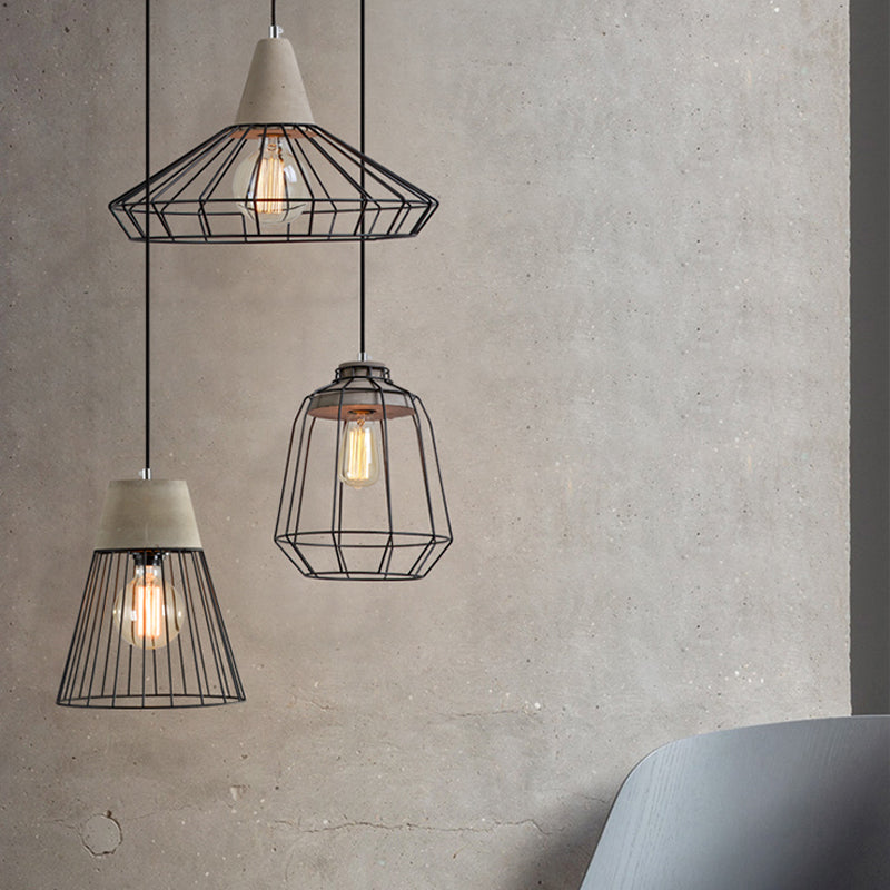 1-Light Pendant Light Fixture Industrial Cone/Cylinder/Triangle Iron Hanging Lamp in Black with Cement Socket Clearhalo 'Art Deco Pendants' 'Black' 'Cast Iron' 'Ceiling Lights' 'Ceramic' 'Crystal' 'Industrial Pendants' 'Industrial' 'Metal' 'Middle Century Pendants' 'Pendant Lights' 'Pendants' 'Rustic Pendants' 'Tiffany' Lighting' 1982004