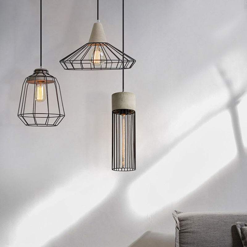 1-Light Pendant Light Fixture Industrial Cone/Cylinder/Triangle Iron Hanging Lamp in Black with Cement Socket Clearhalo 'Art Deco Pendants' 'Black' 'Cast Iron' 'Ceiling Lights' 'Ceramic' 'Crystal' 'Industrial Pendants' 'Industrial' 'Metal' 'Middle Century Pendants' 'Pendant Lights' 'Pendants' 'Rustic Pendants' 'Tiffany' Lighting' 1982005