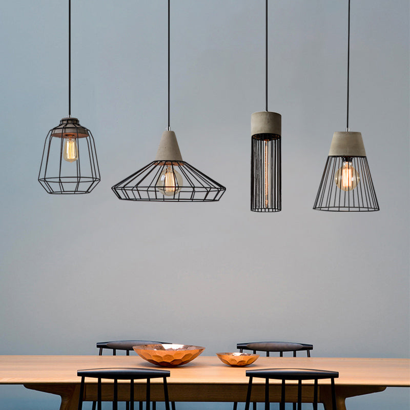 1-Light Pendant Light Fixture Industrial Cone/Cylinder/Triangle Iron Hanging Lamp in Black with Cement Socket Clearhalo 'Art Deco Pendants' 'Black' 'Cast Iron' 'Ceiling Lights' 'Ceramic' 'Crystal' 'Industrial Pendants' 'Industrial' 'Metal' 'Middle Century Pendants' 'Pendant Lights' 'Pendants' 'Rustic Pendants' 'Tiffany' Lighting' 1982014
