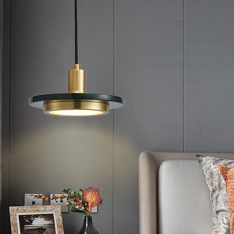 Marble Lid Shaped Drop Pendant Postmodern Antiqued Brass and Green LED Ceiling Hang Light Clearhalo 'Ceiling Lights' 'Modern Pendants' 'Modern' 'Pendant Lights' 'Pendants' Lighting' 1982157