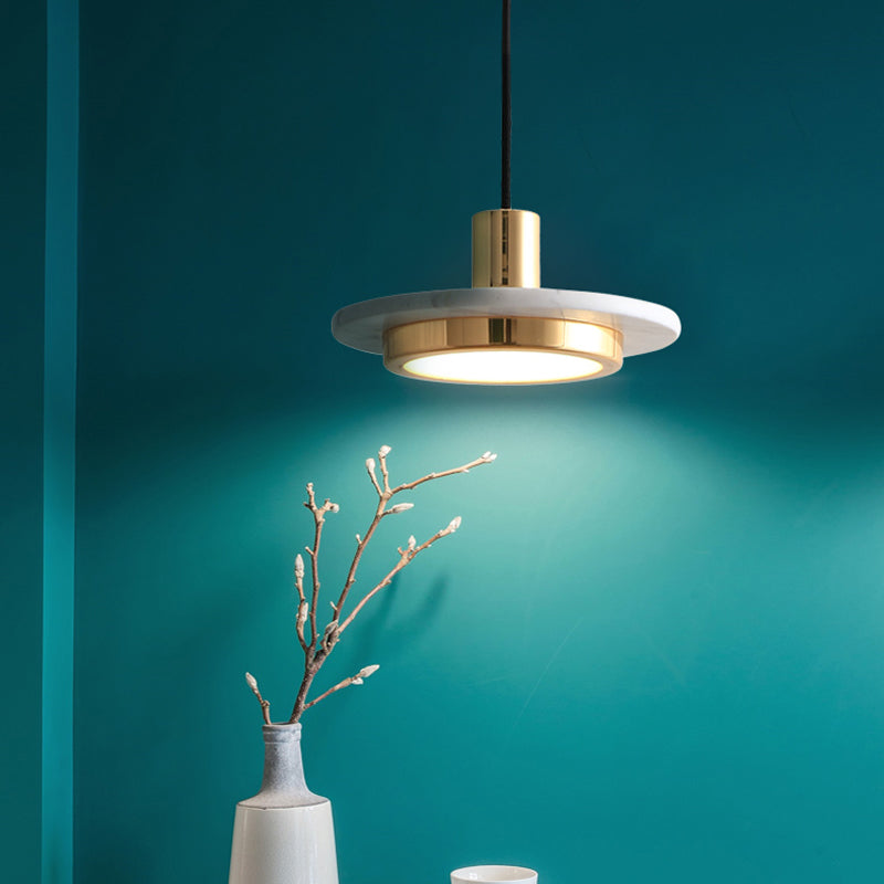 Marble Lid Shaped Drop Pendant Postmodern Antiqued Brass and Green LED Ceiling Hang Light Clearhalo 'Ceiling Lights' 'Modern Pendants' 'Modern' 'Pendant Lights' 'Pendants' Lighting' 1982162