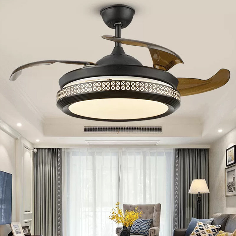 4-Blade Hollow-out Circle Semi Flush Contemporary Acrylic 20" Wide LED Black Pendant Fan Light Fixture Black Clearhalo 'Ceiling Fans with Lights' 'Ceiling Fans' 'Modern Ceiling Fans' 'Modern' Lighting' 1982270