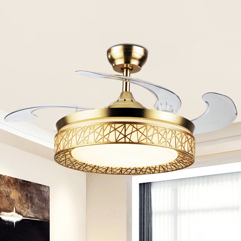 Gold Nest Shaped 4 Blades Semi-Flush Mount Simple LED Metallic Ceiling Fan Light, 19