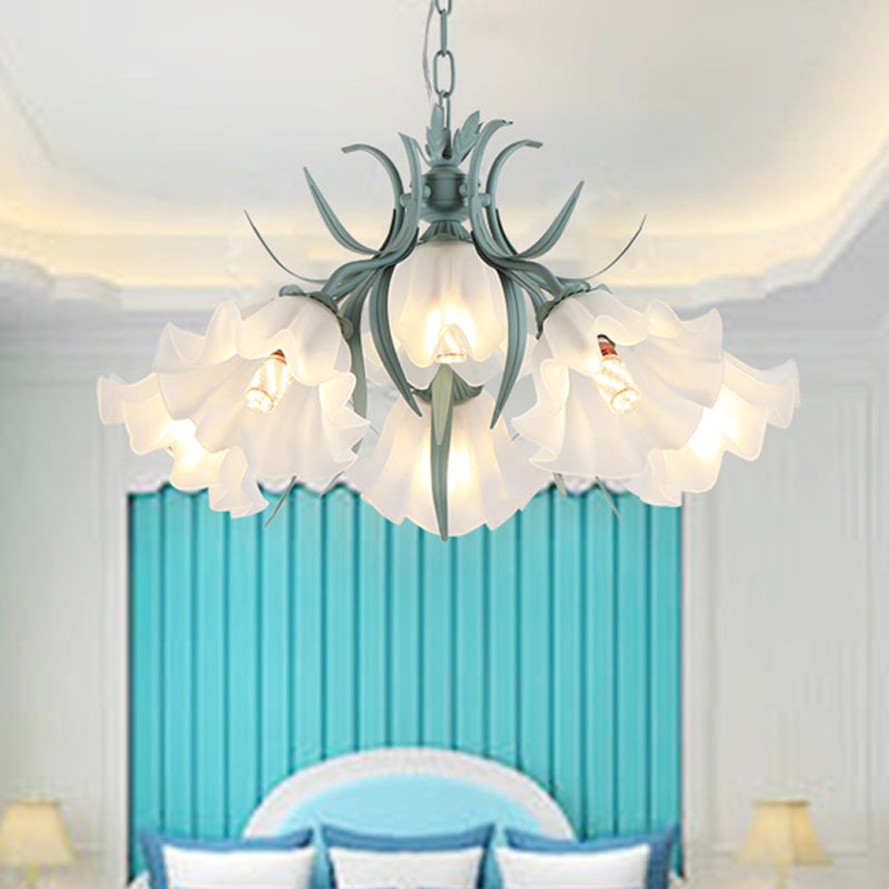 Green/Pink 4/6/9-Head Chandelier Lamp Korean Flower Frosted Glass Ruffle Hanging Pendant Light for Dinning Room Clearhalo 'Ceiling Lights' 'Chandeliers' Lighting' options 1982317