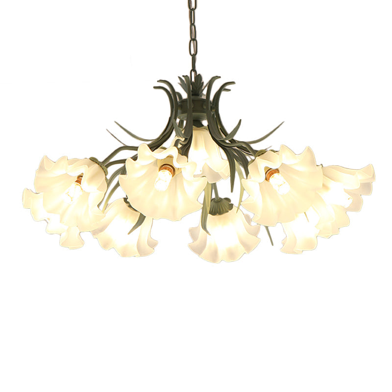 Green/Pink 4/6/9-Head Chandelier Lamp Korean Flower Frosted Glass Ruffle Hanging Pendant Light for Dinning Room Clearhalo 'Ceiling Lights' 'Chandeliers' Lighting' options 1982325