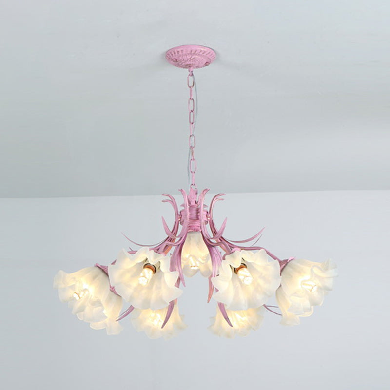 Green/Pink 4/6/9-Head Chandelier Lamp Korean Flower Frosted Glass Ruffle Hanging Pendant Light for Dinning Room 9 Pink Clearhalo 'Ceiling Lights' 'Chandeliers' Lighting' options 1982339_f36e788a-7fdf-4433-a064-4a08698597b2
