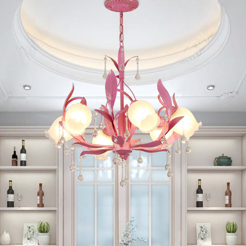 6/8-Light Flower Ceiling Chandelier Korean Garden Green/Pink Frosted Glass Suspension Pendant Light 6 Pink Clearhalo 'Ceiling Lights' 'Chandeliers' Lighting' options 1982351_00171ea6-2336-4146-b120-3ad0dfbd09da