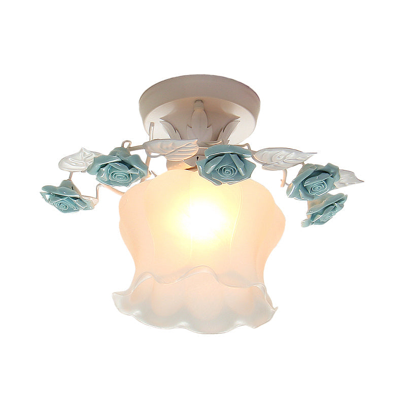 Ruffle Frosted White Glass Semi Flush Mounted Light Pastoral Style 1-Light Dining Room Ceiling Lighting in Pink/White/Blue Clearhalo 'Ceiling Lights' 'Close To Ceiling Lights' 'Close to ceiling' 'Glass shade' 'Glass' 'Pendant Lights' 'Semi-flushmount' Lighting' 1982477