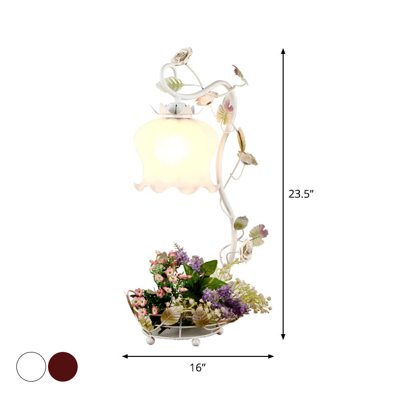 1-Head Night Light American Flower Bedroom Table Lamp with Ruffle Frosted White Glass Shade in White/Red Clearhalo 'Lamps' 'Table Lamps' Lighting' 1982508