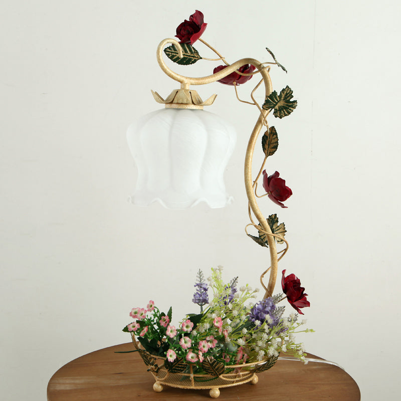 1-Head Night Light American Flower Bedroom Table Lamp with Ruffle Frosted White Glass Shade in White/Red Clearhalo 'Lamps' 'Table Lamps' Lighting' 1982510