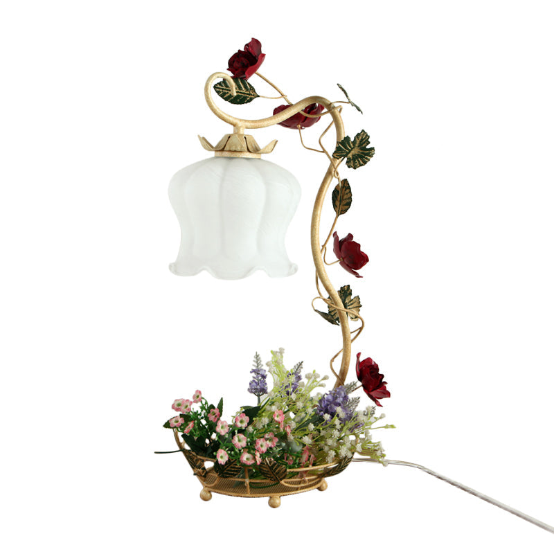1-Head Night Light American Flower Bedroom Table Lamp with Ruffle Frosted White Glass Shade in White/Red Clearhalo 'Lamps' 'Table Lamps' Lighting' 1982512