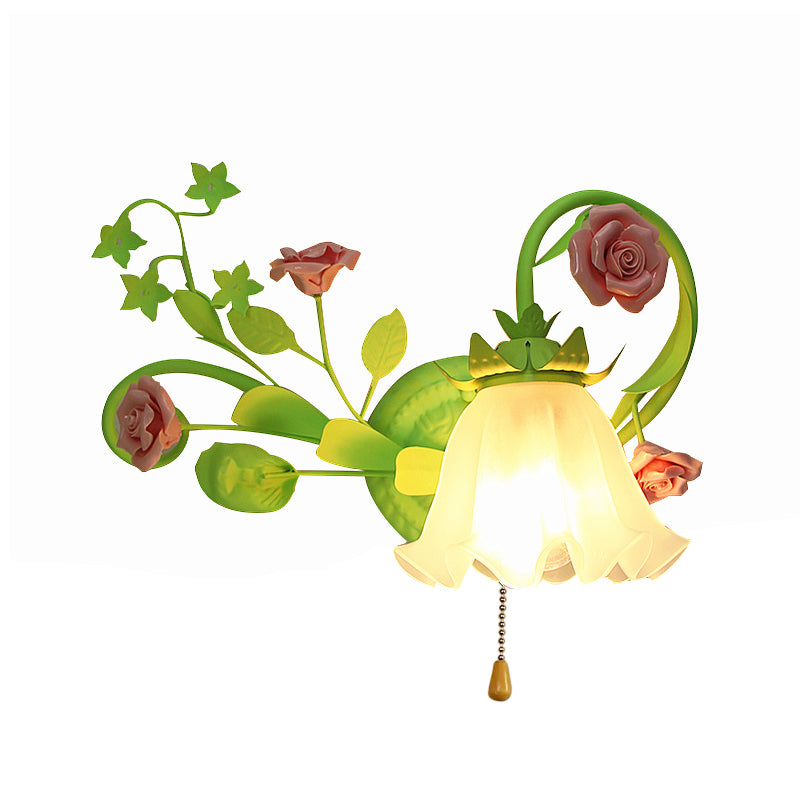Single Left/Right Wall Sconce Lamp Pastoral Ruffle Frosted White Glass Wall Mount Light in Green with/without Switch Clearhalo 'Wall Lamps & Sconces' 'Wall Lights' Lighting' 1982548