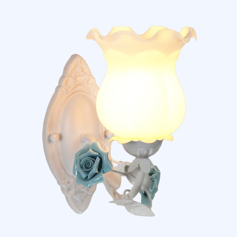 Pink/Green/Blue 1-Light Wall Sconce American Garden Frosted White Glass Floral Wall Mounted Light Clearhalo 'Wall Lamps & Sconces' 'Wall Lights' Lighting' 1982567