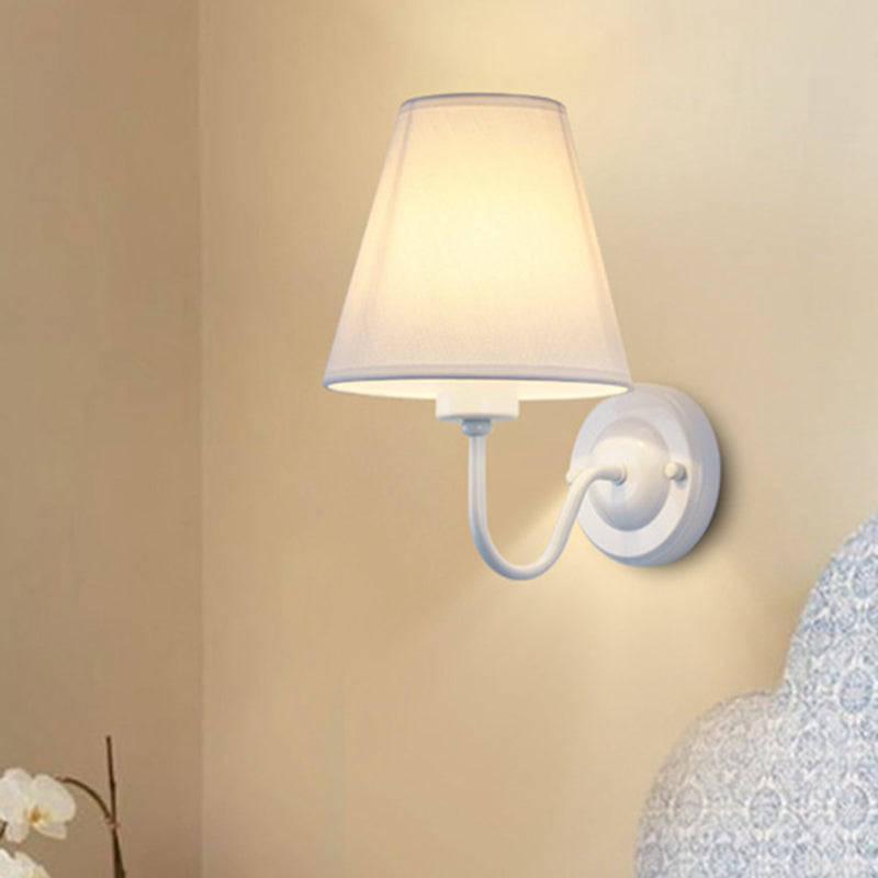 Black/Brown/Beige Cone Wall Lamp Nordic 1-Light Fabric Wall Lighting with Curved Arm in Black/White White White Clearhalo 'Cast Iron' 'Glass' 'Industrial' 'Modern wall lights' 'Modern' 'Tiffany' 'Traditional wall lights' 'Wall Lamps & Sconces' 'Wall Lights' Lighting' 1982672