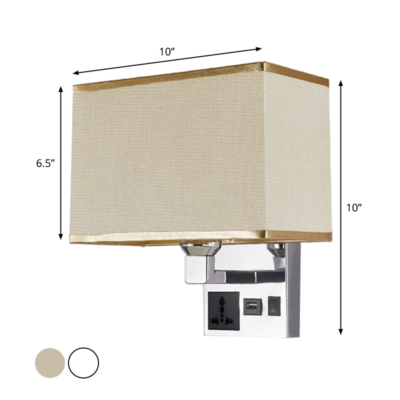 White/Flaxen Cuboid Wall Lamp Fixture Simplicity Single Fabric Sconce Light with Wall Socket and USB Port Clearhalo 'Cast Iron' 'Glass' 'Industrial' 'Modern wall lights' 'Modern' 'Tiffany' 'Traditional wall lights' 'Wall Lamps & Sconces' 'Wall Lights' Lighting' 1982877