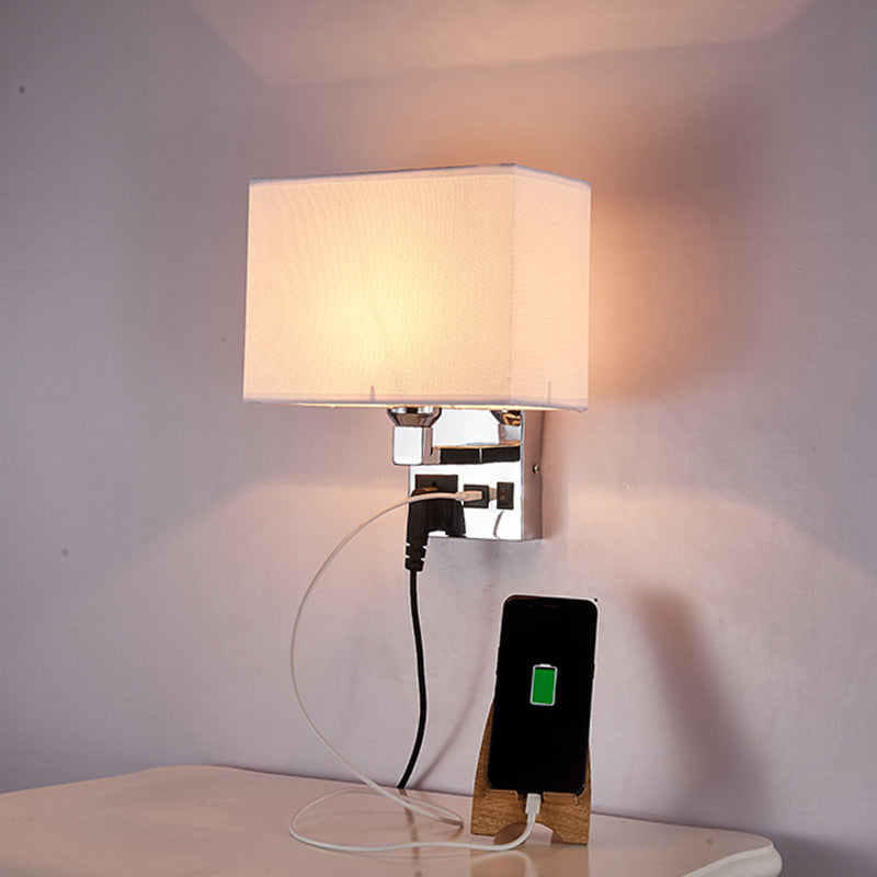 White/Flaxen Cuboid Wall Lamp Fixture Simplicity Single Fabric Sconce Light with Wall Socket and USB Port Clearhalo 'Cast Iron' 'Glass' 'Industrial' 'Modern wall lights' 'Modern' 'Tiffany' 'Traditional wall lights' 'Wall Lamps & Sconces' 'Wall Lights' Lighting' 1982879