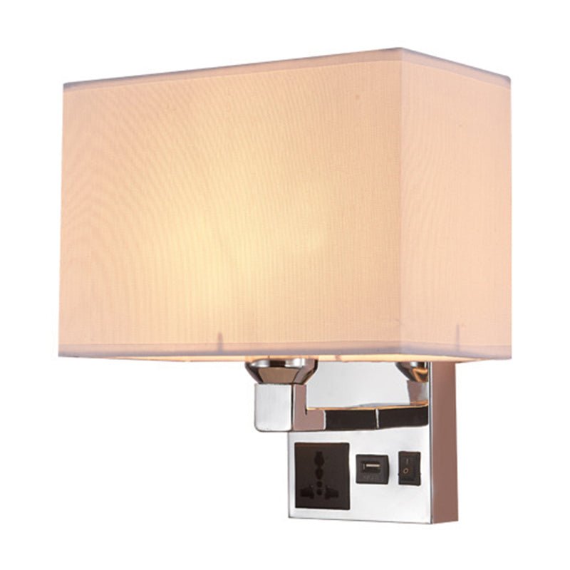 White/Flaxen Cuboid Wall Lamp Fixture Simplicity Single Fabric Sconce Light with Wall Socket and USB Port Clearhalo 'Cast Iron' 'Glass' 'Industrial' 'Modern wall lights' 'Modern' 'Tiffany' 'Traditional wall lights' 'Wall Lamps & Sconces' 'Wall Lights' Lighting' 1982880