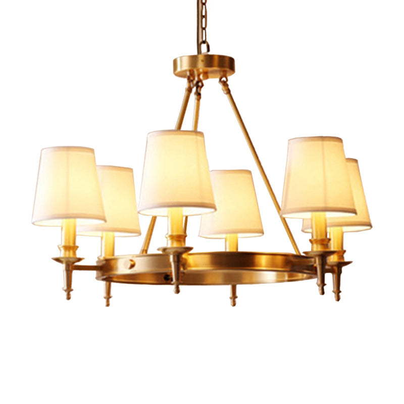 Gold Finish 3/6/8-Light Hanging Lamp Antiqued Fabric Cone Shade Chandelier Light Fixture Clearhalo 'Ceiling Lights' 'Chandeliers' Lighting' options 1982920