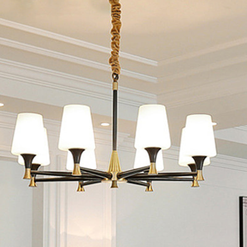 Conic Bedroom Ceiling Hang Light Fabric/White Glass 6/8-Light Modern Chandelier in Black and Gold Clearhalo 'Ceiling Lights' 'Chandeliers' 'Modern Chandeliers' 'Modern' Lighting' 1983050