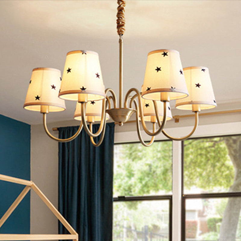 Star Patterned Fabric Conical Chandelier Rustic 3/5/6 Lights Bedroom Ceiling Hang Lamp in Gold Clearhalo 'Ceiling Lights' 'Chandeliers' Lighting' options 1983076
