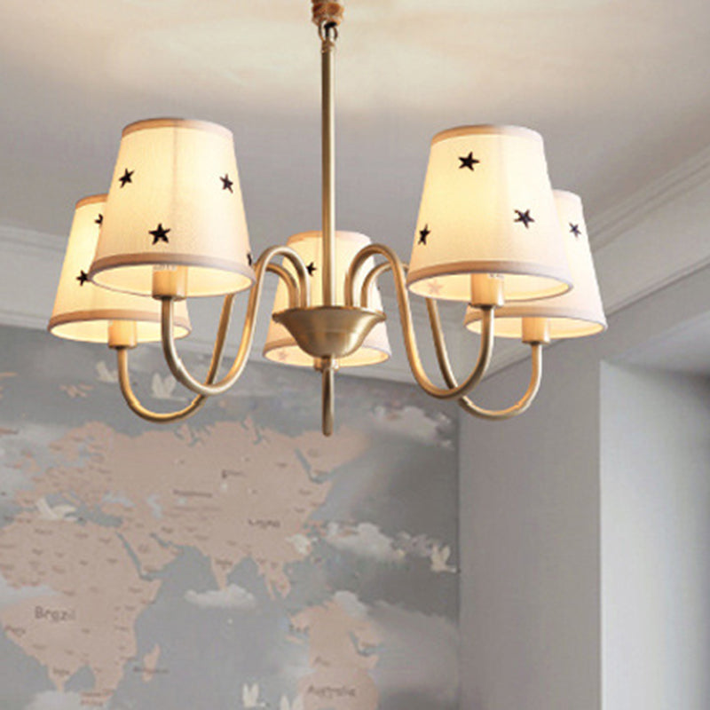 Star Patterned Fabric Conical Chandelier Rustic 3/5/6 Lights Bedroom Ceiling Hang Lamp in Gold Clearhalo 'Ceiling Lights' 'Chandeliers' Lighting' options 1983080