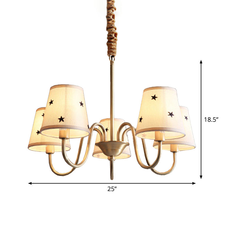Star Patterned Fabric Conical Chandelier Rustic 3/5/6 Lights Bedroom Ceiling Hang Lamp in Gold Clearhalo 'Ceiling Lights' 'Chandeliers' Lighting' options 1983082