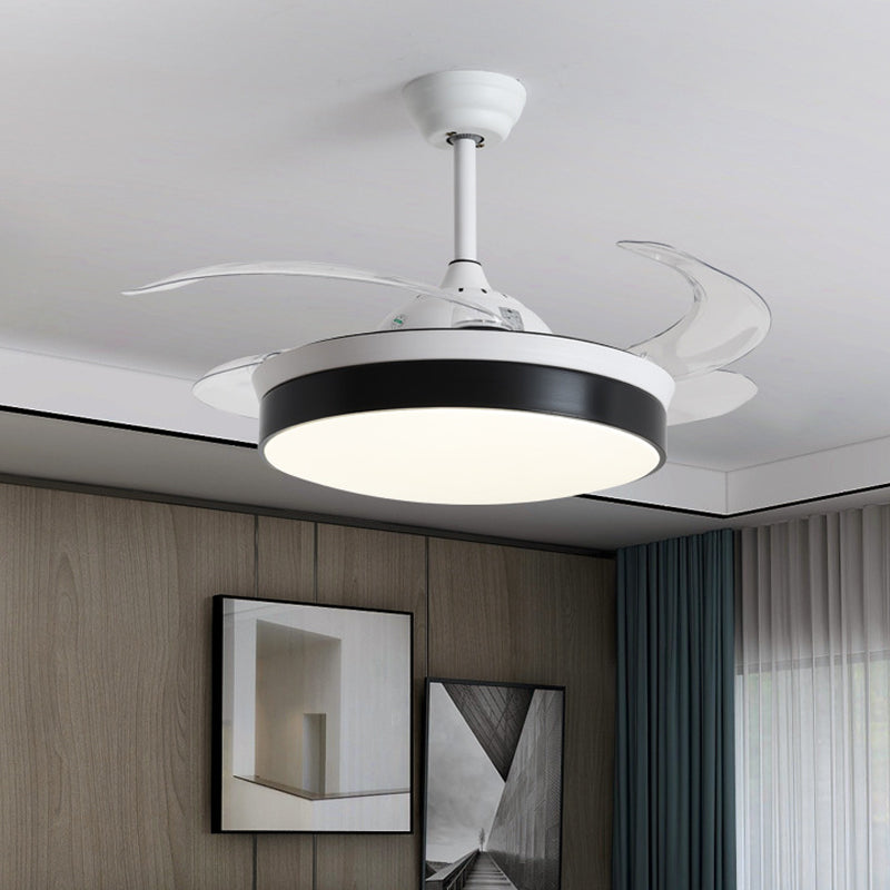 4-Blade Nordic Drum LED Semi Flush Ceiling Light Acrylic Living Room Hanging Fan Lamp, 20" Wide Black Clearhalo 'Ceiling Fans with Lights' 'Ceiling Fans' 'Modern Ceiling Fans' 'Modern' Lighting' 1983141