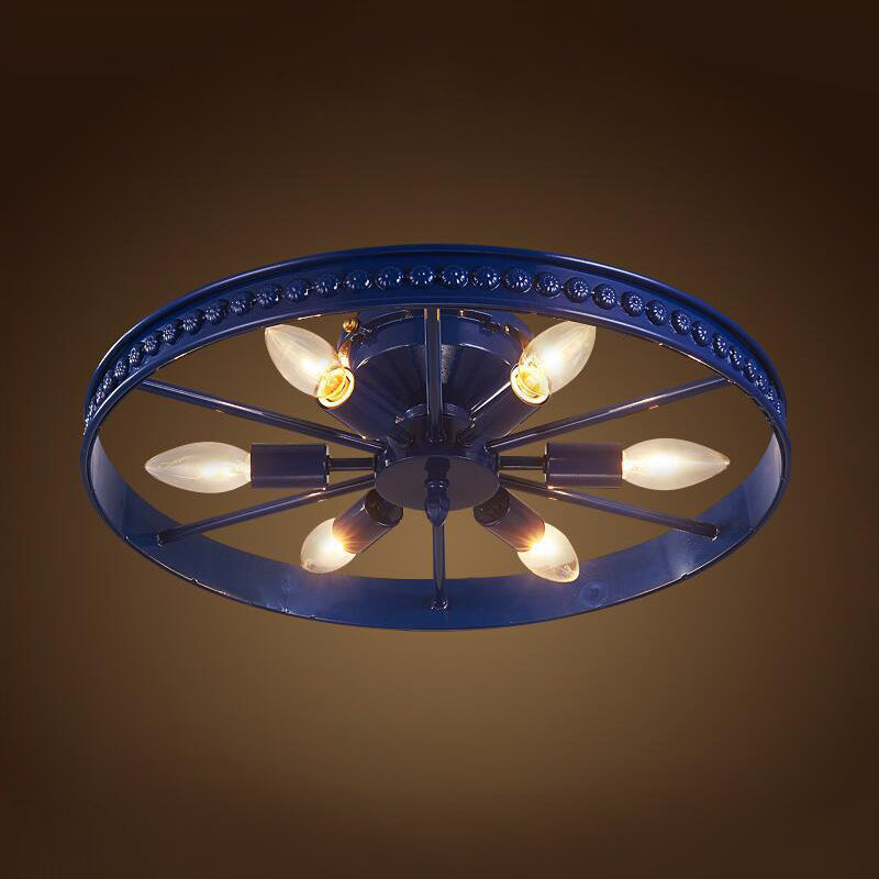 Black/Bronze 6 Heads Semi Flush Ceiling Light Farmhouse Stylish Metallic Wheel Shade Ceiling Lamp for Living Room Clearhalo 'Ceiling Lights' 'Close To Ceiling Lights' 'Close to ceiling' 'Flush mount' 'Industrial Flush Mount' Lighting' 19832