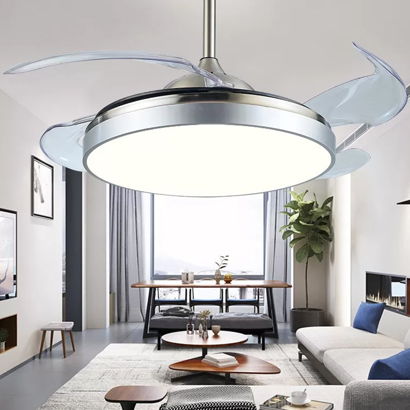 4 Blades Drum Acrylic Ceiling Fan Light Modern LED White Semi Flush Mount, 19