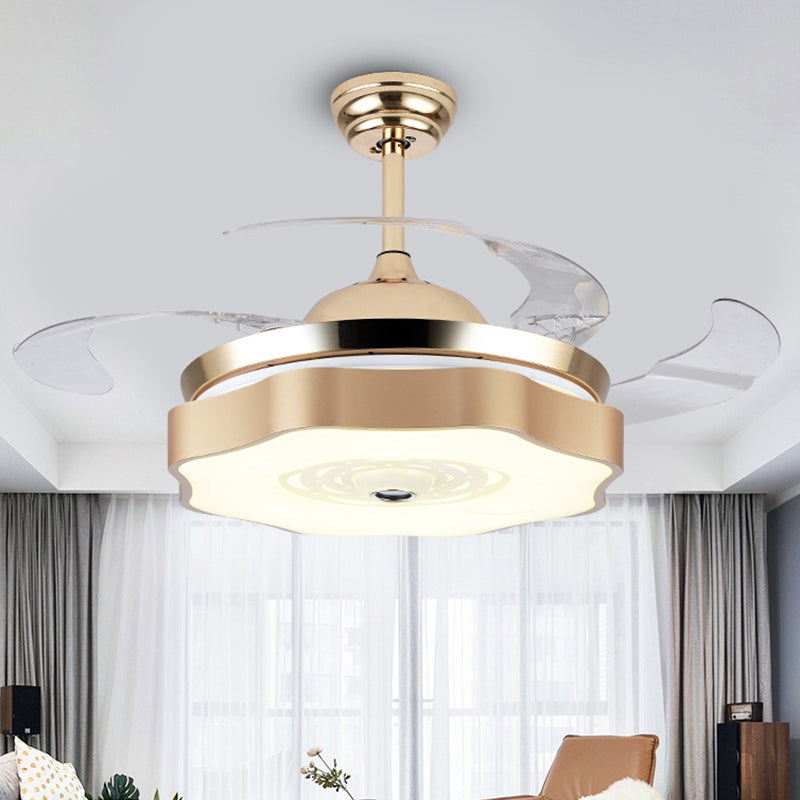 4-Blade LED Bedroom Pendant Fan Light Modern Gold Semi Mount Lighting with Petal Acrylic Shade, 19