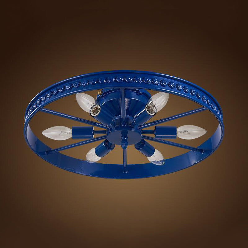 Black/Bronze 6 Heads Semi Flush Ceiling Light Farmhouse Stylish Metallic Wheel Shade Ceiling Lamp for Living Room Clearhalo 'Ceiling Lights' 'Close To Ceiling Lights' 'Close to ceiling' 'Flush mount' 'Industrial Flush Mount' Lighting' 19833
