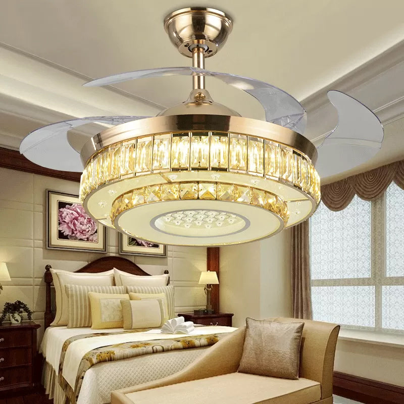 2-Tier Circle Beveled Crystal Semi Flush Modern 19" Wide LED Gold Hanging Fan Lamp Fixture, 4-Blade Clearhalo 'Ceiling Fans with Lights' 'Ceiling Fans' 'Modern Ceiling Fans' 'Modern' Lighting' 1983306