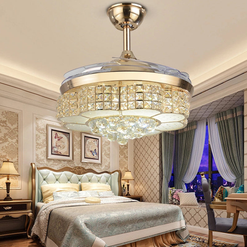 4-Blade Minimal Floral Ceiling Fan Light Crystal Encrusted Living Room LED Semi Flush, 19" Wide Clearhalo 'Ceiling Fans with Lights' 'Ceiling Fans' 'Modern Ceiling Fans' 'Modern' Lighting' 1983325