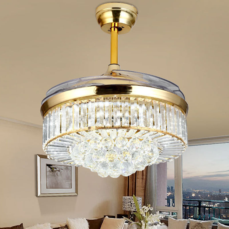 Faceted Crystal Bowl Semi Flush Ceiling Light Modern 19" Wide LED Pendant Fan Lamp, 4 Blades Clearhalo 'Ceiling Fans with Lights' 'Ceiling Fans' 'Modern Ceiling Fans' 'Modern' Lighting' 1983329