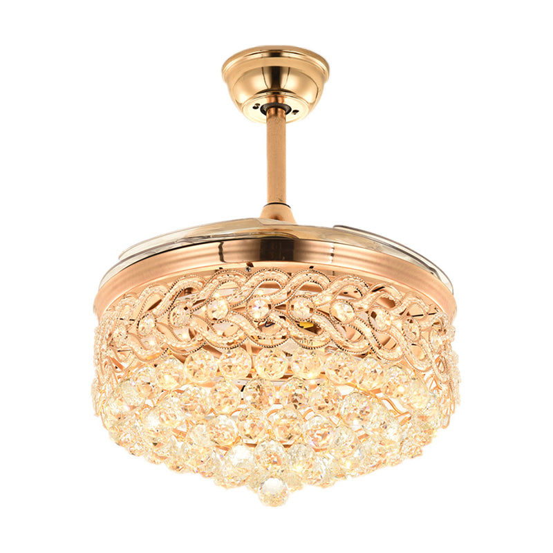 Faceted Crystal Bowl Semi Flush Ceiling Light Modern 19" Wide LED Pendant Fan Lamp, 4 Blades Gold B Clearhalo 'Ceiling Fans with Lights' 'Ceiling Fans' 'Modern Ceiling Fans' 'Modern' Lighting' 1983331