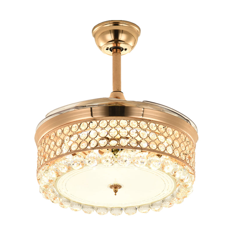 Faceted Crystal Bowl Semi Flush Ceiling Light Modern 19" Wide LED Pendant Fan Lamp, 4 Blades Gold C Clearhalo 'Ceiling Fans with Lights' 'Ceiling Fans' 'Modern Ceiling Fans' 'Modern' Lighting' 1983333