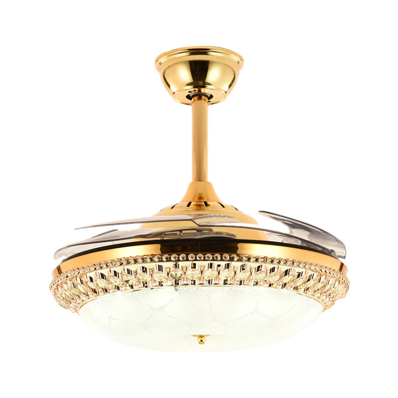 Faceted Crystal Bowl Semi Flush Ceiling Light Modern 19" Wide LED Pendant Fan Lamp, 4 Blades Gold E Clearhalo 'Ceiling Fans with Lights' 'Ceiling Fans' 'Modern Ceiling Fans' 'Modern' Lighting' 1983338