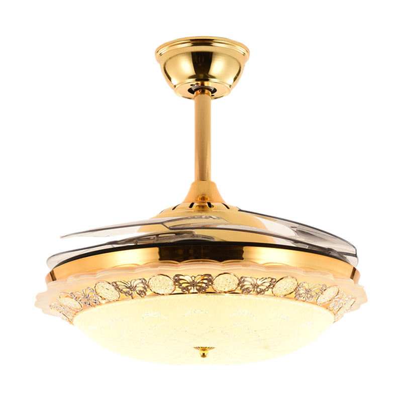 Faceted Crystal Bowl Semi Flush Ceiling Light Modern 19" Wide LED Pendant Fan Lamp, 4 Blades Clearhalo 'Ceiling Fans with Lights' 'Ceiling Fans' 'Modern Ceiling Fans' 'Modern' Lighting' 1983342