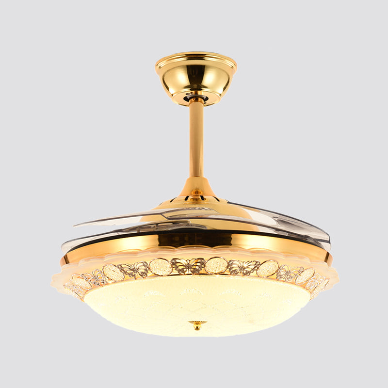 Faceted Crystal Bowl Semi Flush Ceiling Light Modern 19" Wide LED Pendant Fan Lamp, 4 Blades Gold G Clearhalo 'Ceiling Fans with Lights' 'Ceiling Fans' 'Modern Ceiling Fans' 'Modern' Lighting' 1983343