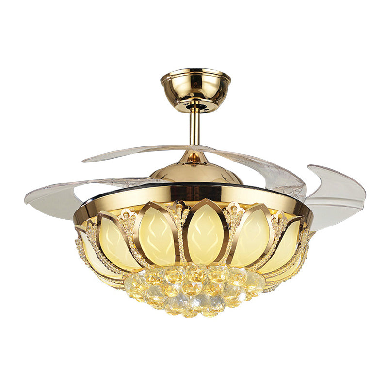 Faceted Crystal Bowl Semi Flush Ceiling Light Modern 19" Wide LED Pendant Fan Lamp, 4 Blades Gold H Clearhalo 'Ceiling Fans with Lights' 'Ceiling Fans' 'Modern Ceiling Fans' 'Modern' Lighting' 1983345