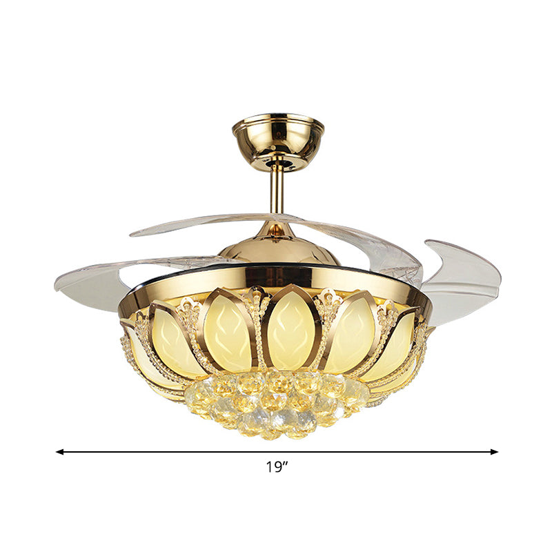 Faceted Crystal Bowl Semi Flush Ceiling Light Modern 19" Wide LED Pendant Fan Lamp, 4 Blades Clearhalo 'Ceiling Fans with Lights' 'Ceiling Fans' 'Modern Ceiling Fans' 'Modern' Lighting' 1983346
