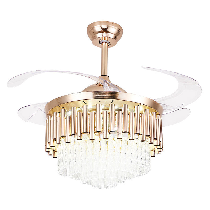 Faceted Crystal Bowl Semi Flush Ceiling Light Modern 19" Wide LED Pendant Fan Lamp, 4 Blades Gold I Clearhalo 'Ceiling Fans with Lights' 'Ceiling Fans' 'Modern Ceiling Fans' 'Modern' Lighting' 1983347
