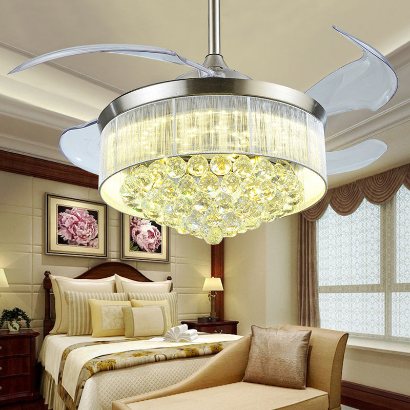 4-Blade Tapered Living Room Ceiling Fan Light Faceted Crystal LED Simplicity Semi Mount Lighting, 19