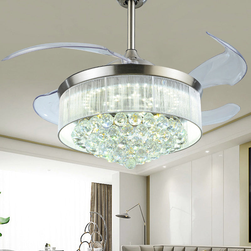 4-Blade Tapered Living Room Ceiling Fan Light Faceted Crystal LED Simplicity Semi Mount Lighting, 19