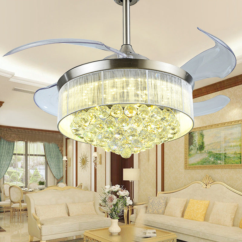 4-Blade Tapered Living Room Ceiling Fan Light Faceted Crystal LED Simplicity Semi Mount Lighting, 19" Wide Clearhalo 'Ceiling Fans with Lights' 'Ceiling Fans' 'Modern Ceiling Fans' 'Modern' Lighting' 1983352
