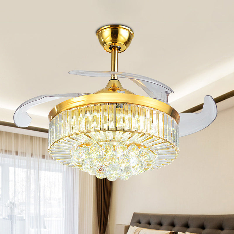 19" Wide Crystal Drum Semi Flush Mount Modernity LED Ceiling Fan Light Fixture, 4 Blades Gold Clearhalo 'Ceiling Fans with Lights' 'Ceiling Fans' 'Modern Ceiling Fans' 'Modern' Lighting' 1983361