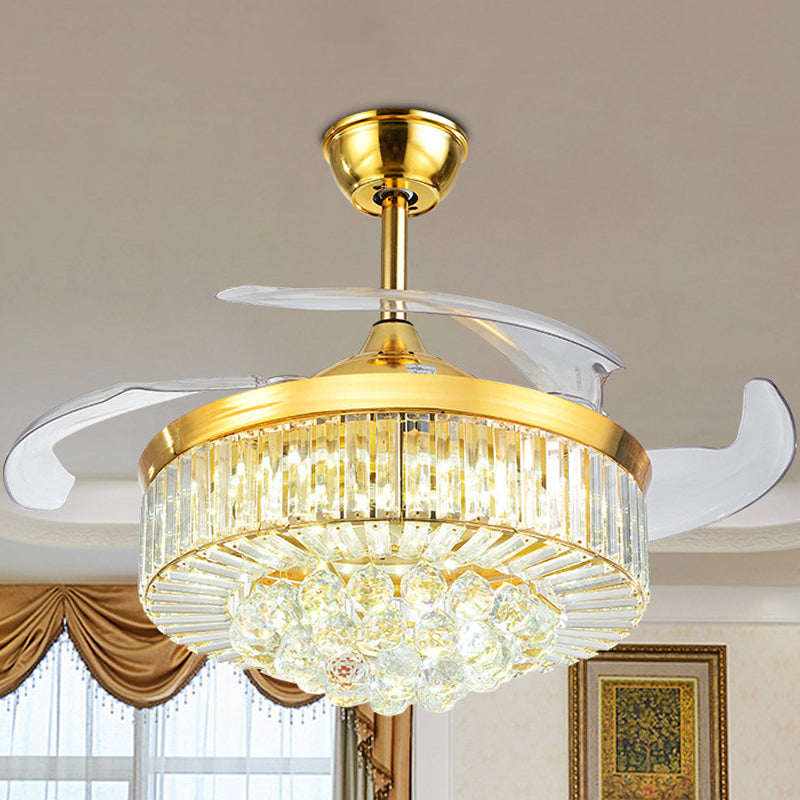 19" Wide Crystal Drum Semi Flush Mount Modernity LED Ceiling Fan Light Fixture, 4 Blades Clearhalo 'Ceiling Fans with Lights' 'Ceiling Fans' 'Modern Ceiling Fans' 'Modern' Lighting' 1983363