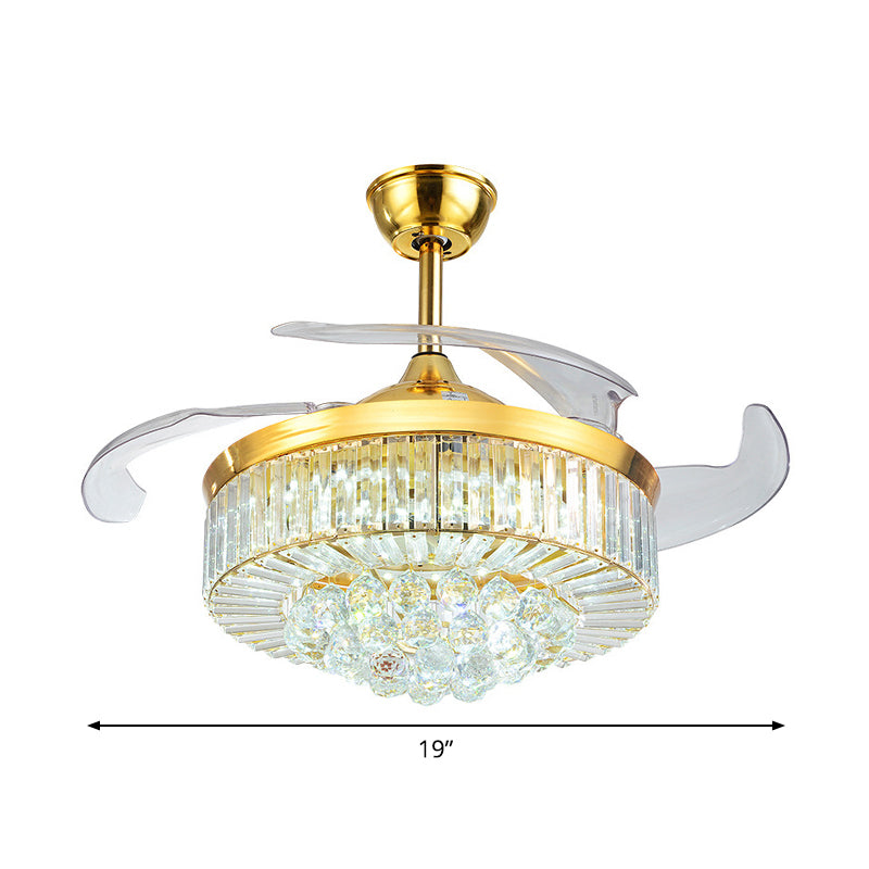 19" Wide Crystal Drum Semi Flush Mount Modernity LED Ceiling Fan Light Fixture, 4 Blades Clearhalo 'Ceiling Fans with Lights' 'Ceiling Fans' 'Modern Ceiling Fans' 'Modern' Lighting' 1983366